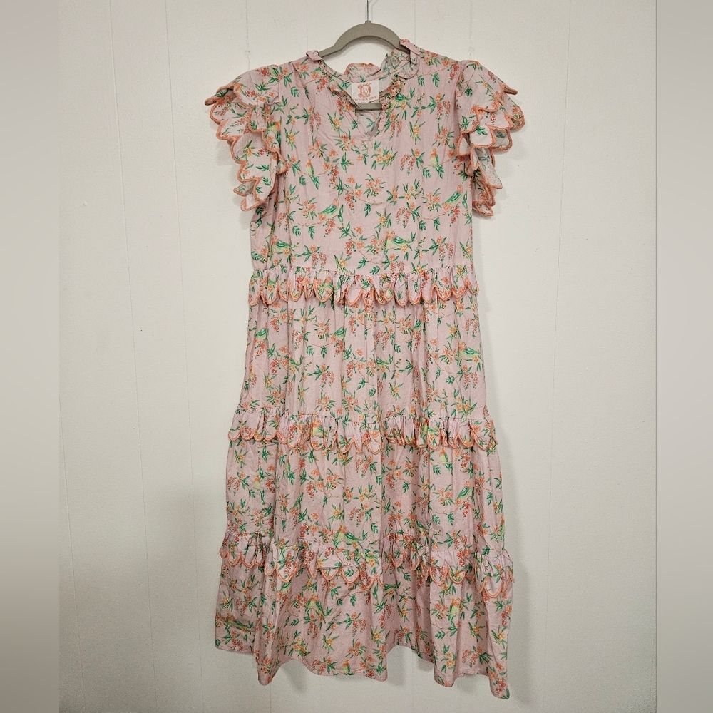 Victoria Dunn Pink Floral Ruffle Tiered Midi Dress